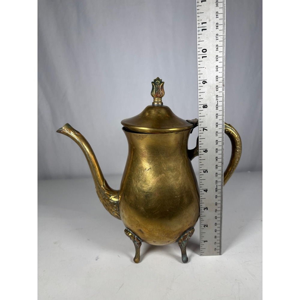 Vintage Brass Coffee Pot Teapot Footed Ornate Hinged Lid Pitcher Decor - Picture 3 of 13